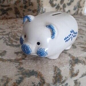 vintage ceramic pig piggy bank cottagecore country boho sponge painted decor